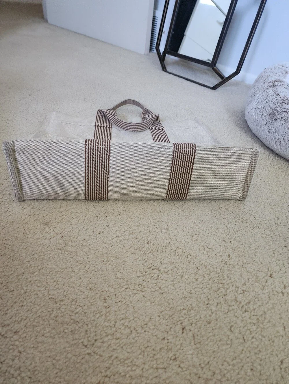 Hermes Beige Canvas Messenger Tote with Brown Striped Handles